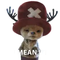a stuffed animal with antlers wearing a red hat that says " mean it "