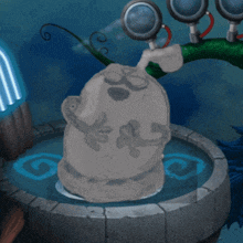 a cartoon character is standing in a fountain with a swirl in the background