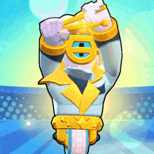 a cartoon character is wearing a white and gold outfit