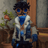 a cartoon character wearing a blue scarf and goggles stands in front of a potted plant