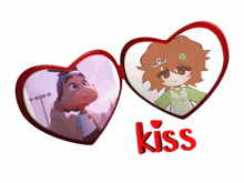 a picture of a boy and a girl with the word kiss in red