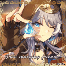 a picture of a girl holding a blue stone with the words good morning friends