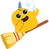 a yellow cartoon character is flying on a broom with a unicorn horn on its head .