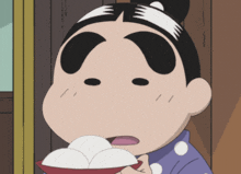 a cartoon character with a bun on his head holds a bowl of food