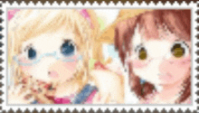 two anime girls are standing next to each other in a frame .