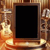 a guitar and a microphone on a stage with a marshall guitar in the background