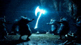 a group of goats are dancing in a dark cave with a large axe in the background