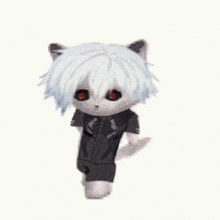 a stuffed animal with white hair and red eyes is wearing a black shirt and shorts .