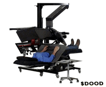 a man is laying in a chair with a laptop on his lap and the words $ dood written below him