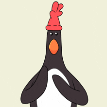 a cartoon penguin wearing a red hat with a red feather on it