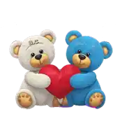 a white teddy bear and a blue teddy bear holding a heart