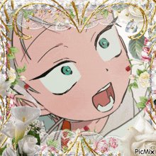 a picture of a girl with green eyes is surrounded by flowers and says picmix on the bottom right