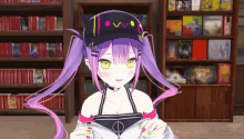 a girl with purple hair and green eyes is wearing a hat that says i love you
