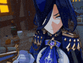 a cartoon character with long blue hair and a purple necklace
