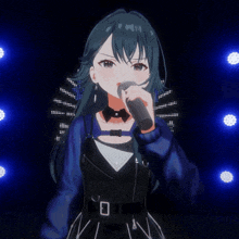 a girl with blue hair is singing into a microphone with a fan in the background