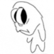 a black and white drawing of a cartoon character with big eyes and a sad look on his face .