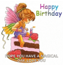 a fairy is sitting on a slice of birthday cake .