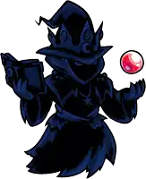 a cartoon drawing of a wizard with a book and a red ball