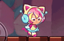 a cartoon character in a cat costume is standing on a purple surface .