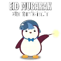 a penguin wearing a helmet and a bow tie holds a wand and says eid mubarak