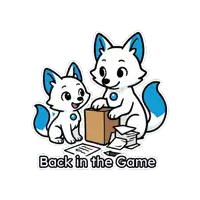 a sticker with two foxes and the words back in the game on it