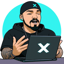 a cartoon of a man with an x on his hat