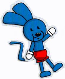 a blue cartoon character wearing red shorts and boxing gloves