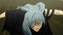 a cartoon character with blue hair is laying on the floor