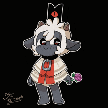 a cartoon drawing of a sheep holding a rose with reinbis written on the bottom right