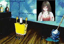 a cartoon of spongebob squarepants standing next to a mop and a picture of a woman .