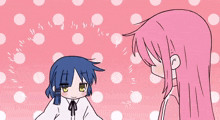 a girl with blue hair stands next to a girl with pink hair on a pink polka dot background