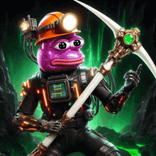 a purple frog wearing a hard hat holds a pickaxe