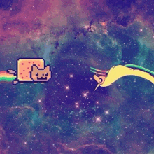 a pixel art of a cat flying through a galaxy with a unicorn in the background .