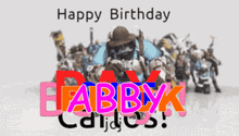a poster that says happy birthday fabbyk with a group of soldiers in the background