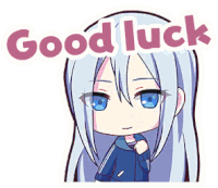 a cartoon of a girl with long white hair and blue eyes says good luck .