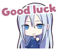 a cartoon of a girl with long white hair and blue eyes says good luck .