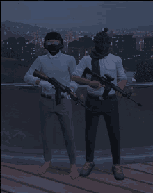 two men standing next to each other with guns