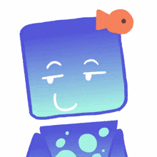 a blue cartoon character with a fish on his head