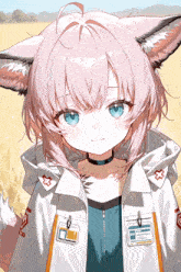 a girl with pink hair and blue eyes is wearing a white jacket with a badge that says ' a ' on it