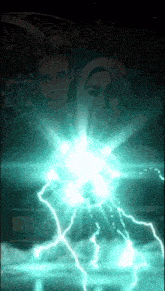a man and a woman are standing next to each other with a lightning bolt behind them