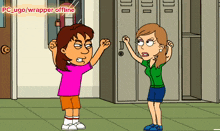 a cartoon of two girls standing in front of lockers with the words pc_lugo / wrapper offline above them
