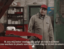 a man is standing in front of a red car with the hood open and says ik zou mij beter voelen