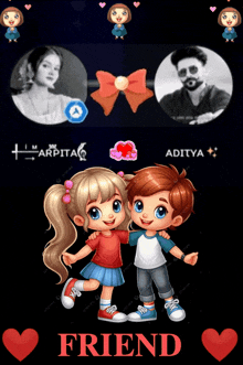 a boy and a girl are standing next to each other and the word friend is on the bottom right