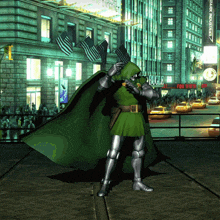 a man in a green cape stands in front of a building that says bugle