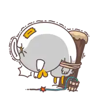 a cartoon of a bird tied to a pole with a bucket of water next to it