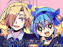 a pixel art of a boy and a girl with the words eiko & misu on the bottom