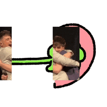 a drawing of two men hugging each other in front of a pink heart