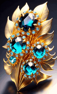 a gold brooch with blue stones and diamonds on it