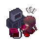 a pixel art of a robot holding a girl in a red suit .
