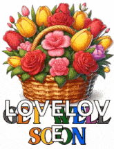a wicker basket filled with colorful flowers with the words lovelov soon below it